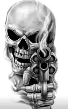 a skull is holding a gun with smoke coming out of its mouth