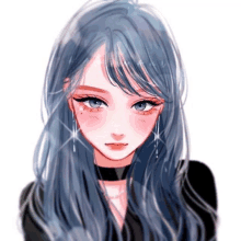 a drawing of a girl with blue hair and red eyes