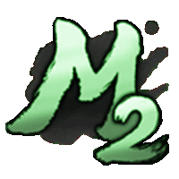 a green letter m is on a black background