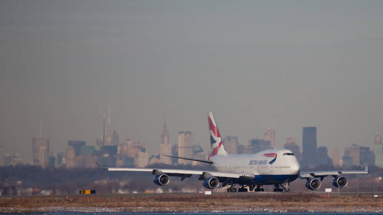 British Airways plane with New York City in the background