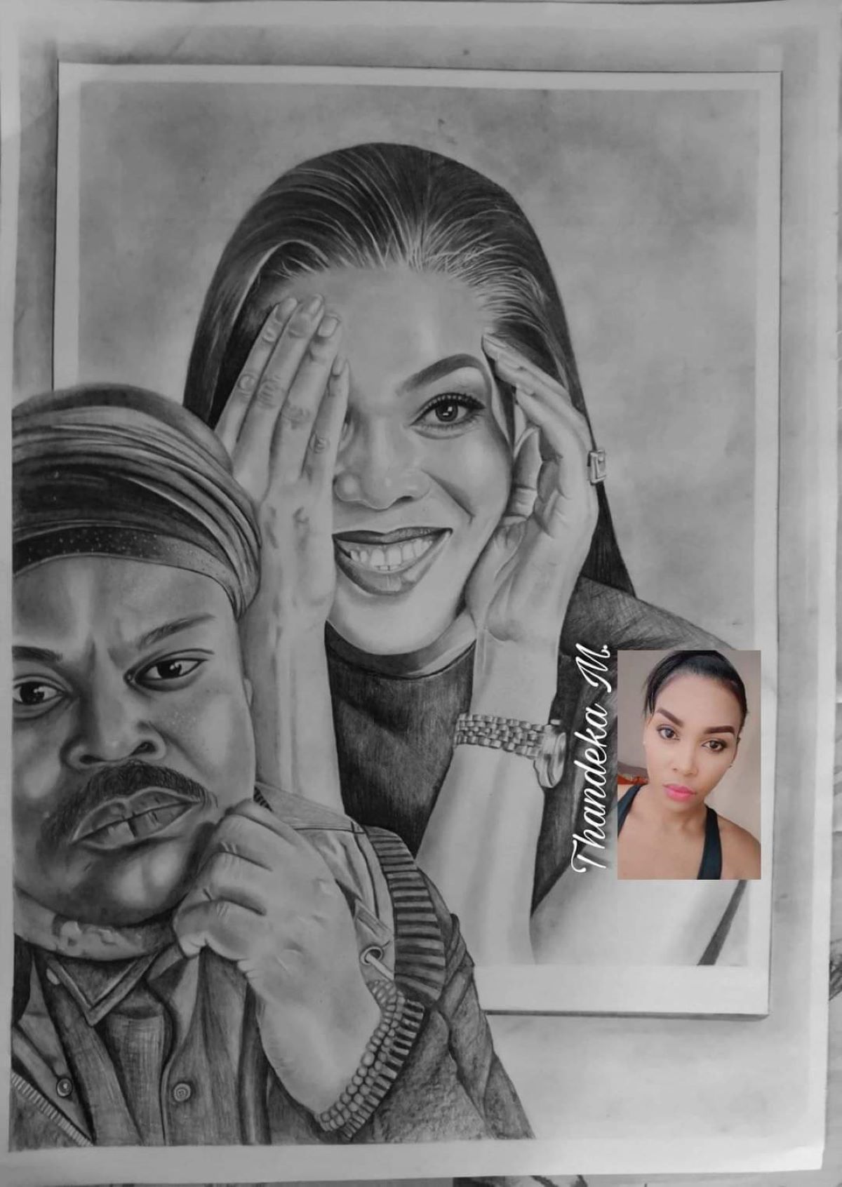 A young woman has drawn a picture of Rasta and Connie Ferguson