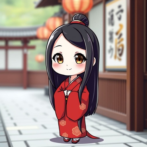 A tall white skin japanese girl in her early 20s, wears a red furisode kimono with long black hair tied neatly, she has big eyes, pink cheeks, smile slightly but confidently