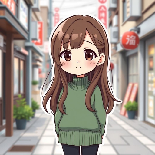 A young japanese girl in her early 20s, brown long hair, smile slightly, has a visible mole under her right eye, wear a green sweater, stands in a kyoto street background. She is short and cute