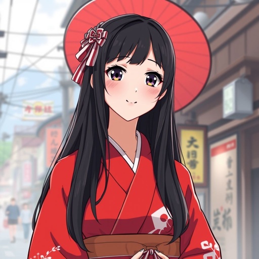 A tall white skin japanese girl in her early 20s, wears a red furisode kimono with black hair made neatly, she has big eyes, pink cheeks, smile slightly but confidently, stands in a kyoto town background. She is tall and look mature but still young