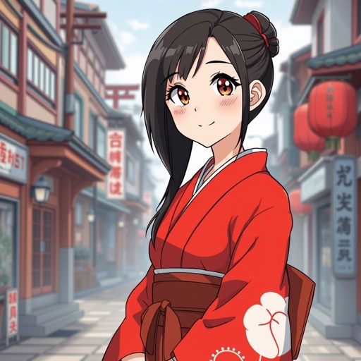 A tall white skin japanese girl in her early 20s, wears a red furisode kimono with black hair made neatly, she has big eyes, pink cheeks, smile slightly but confidently, stands in a kyoto town background. She is tall and look mature but still young