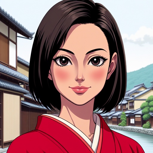 A tall white skin japanese girl in her early 20s, wears a red furisode kimono with black hair made neatly, she has big eyes, pink cheeks, smile slightly but confidently, stands in a kyoto town background. She is tall and look mature but still young