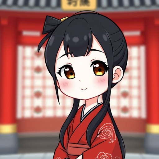 A tall white skin japanese girl in her early 20s, wears a red furisode kimono with long black hair tied neatly, she has big eyes, pink cheeks, smile slightly but confidently