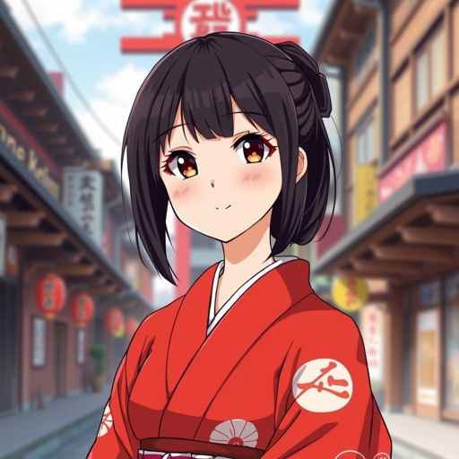 A tall white skin japanese girl in her early 20s, wears a red furisode kimono with black hair made neatly, she has big eyes, pink cheeks, smile slightly but confidently, stands in a kyoto town background. She is tall and look mature but still young