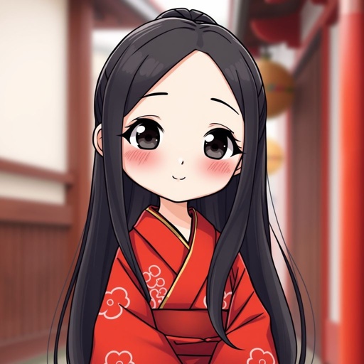 A tall white skin japanese girl in her early 20s, wears a red furisode kimono with long black hair tied neatly, she has big eyes, pink cheeks, smile slightly but confidently