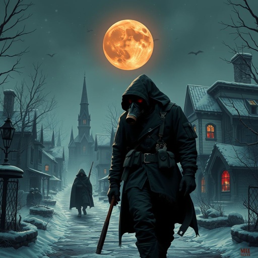 1900s ruined town, winter, snowing, blood moon in sky, cloaked vampires around town, a gas mask world war 2 soldier walking through town