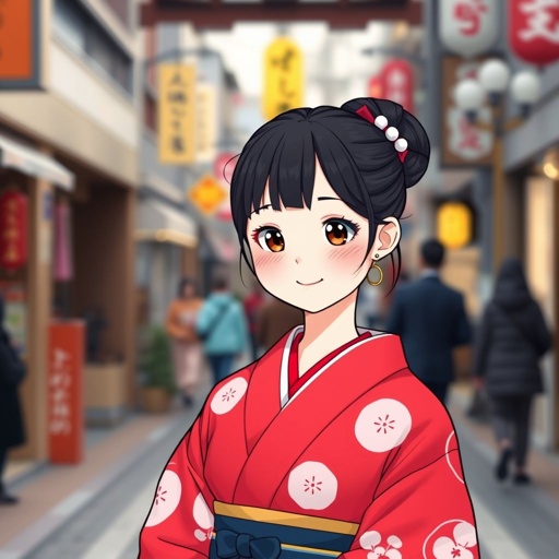 A tall white skin japanese girl in her early 20s, wears a red furisode kimono with black hair made neatly, she has big eyes, pink cheeks, smile slightly but confidently, stands in kyoto street background