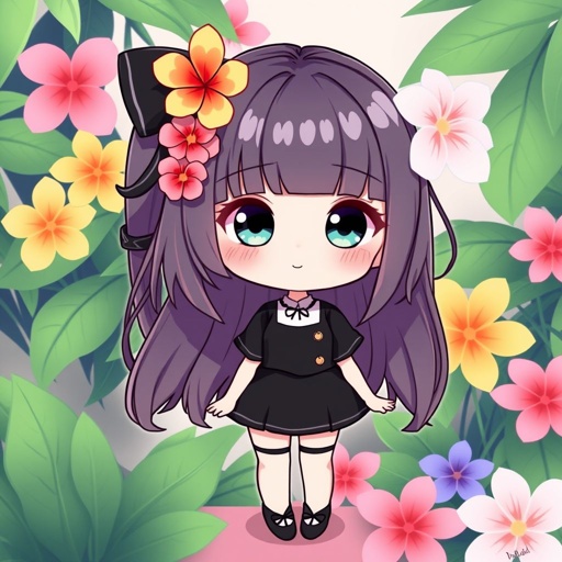 Tropical emo girl anime cute colorful flowers black outfit 