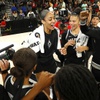 Las Vegas Aces center A'ja Wilson, center, celebrates teammates after the Aces defeated the Dallas Wings in an WNBA basketball game at Michelob Ultra Arena in Mandalay Bay Sunday, July 7, 2024.