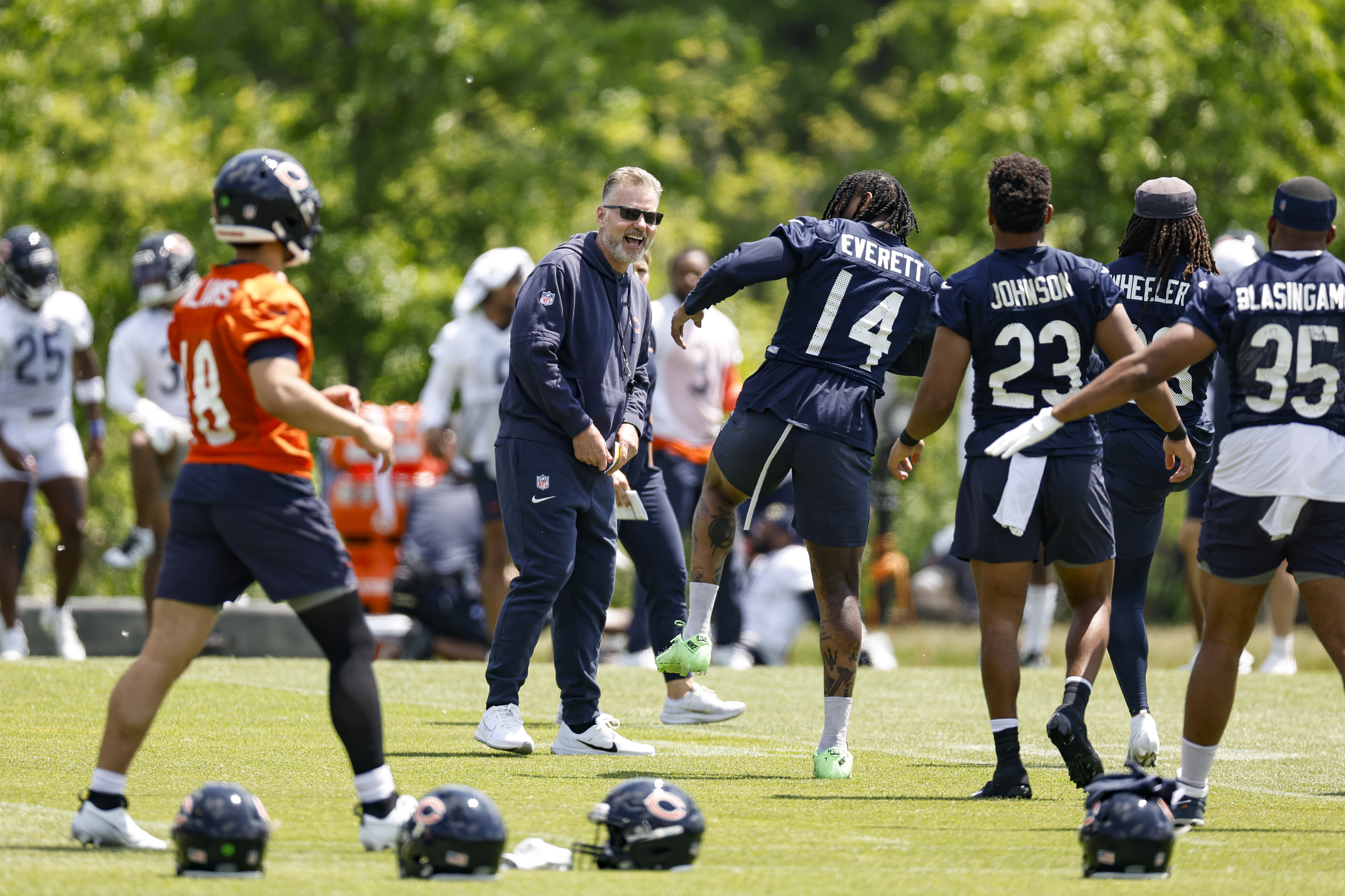 May 23, 2024; Lake Forest, IL, USA; Chicago Bears head coach Matt Eberflus smiles during organized team activities at Halas Hall Mandatory Credit: Kamil Krzaczynski-USA TODAY Sports