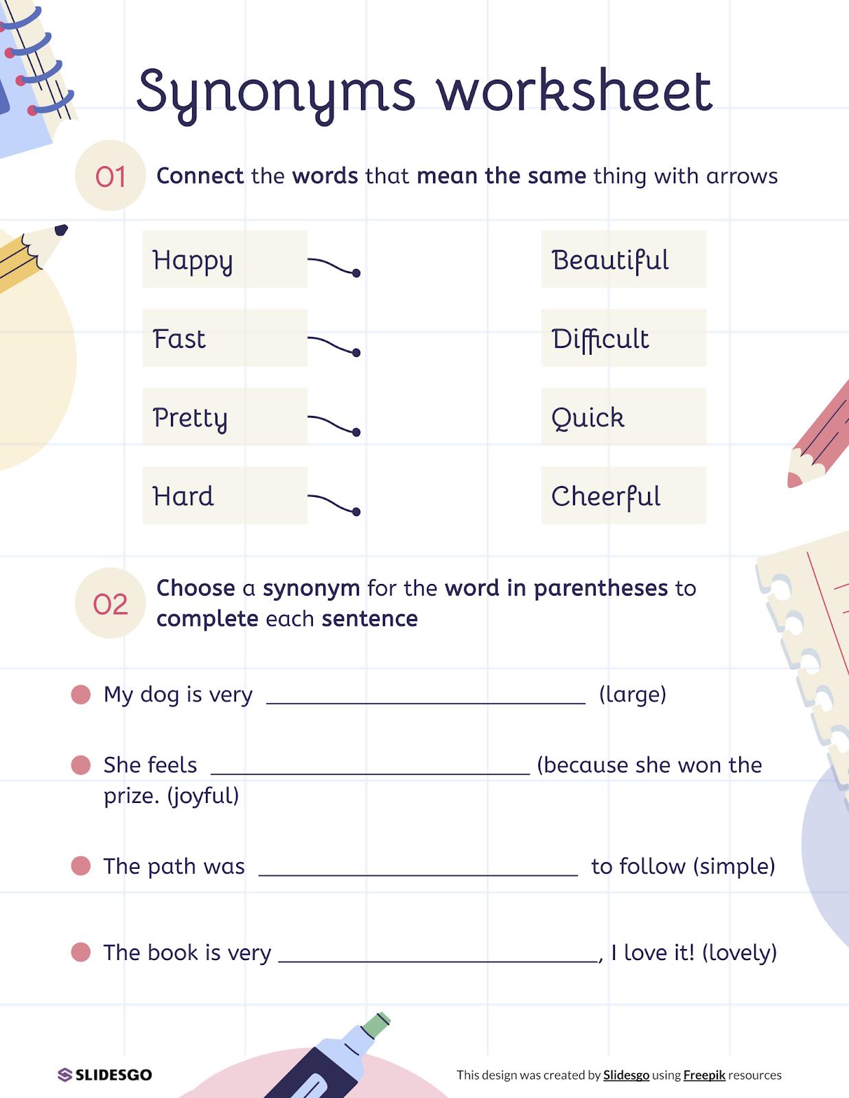 Synonyms Worksheet presentation template 