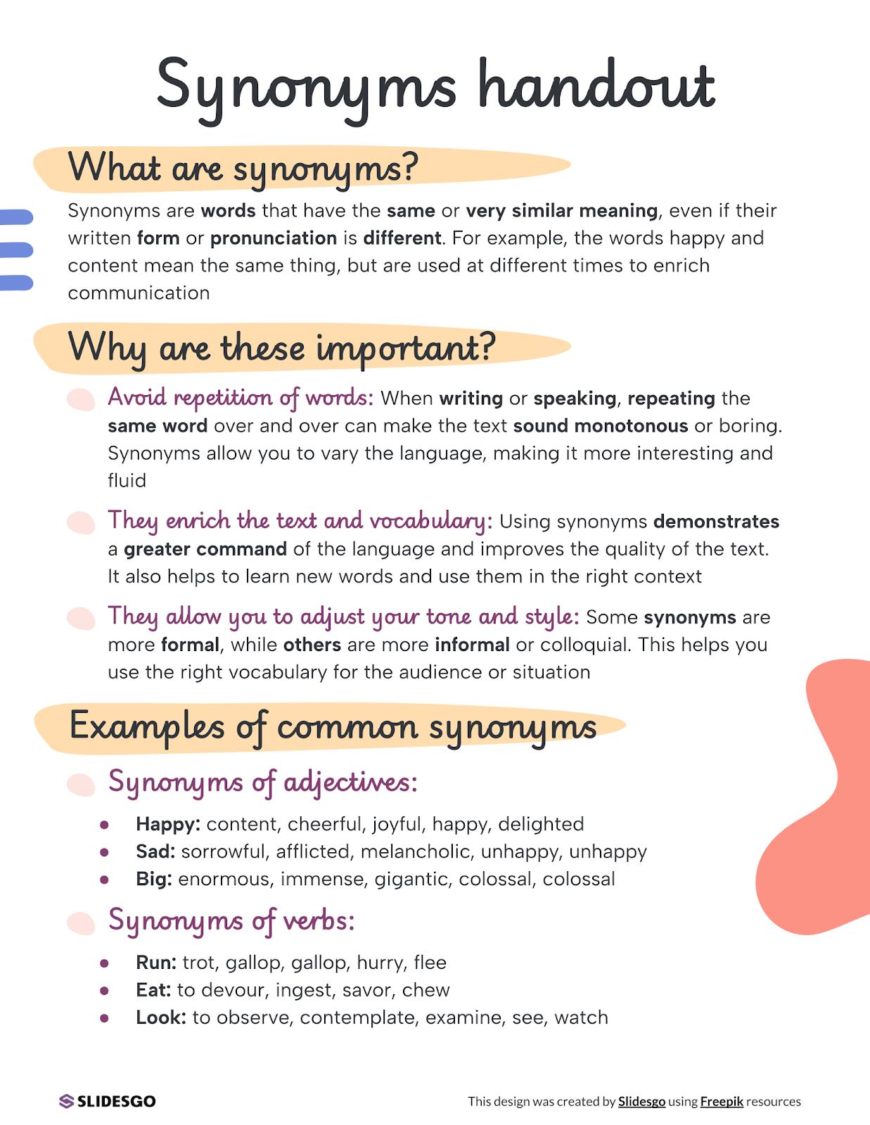 Synonyms Handouts presentation template 