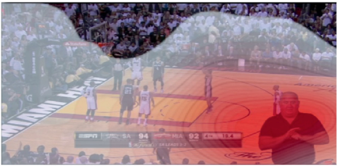 A screenshot has a photo of a basketball stadium with a photo of an interpreter overlapping the bottom right of the photo. An irregular patch of heatmap overlaps the photo, leaving a small portion at the top.