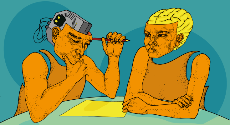 Two people sitting at a table facing each other. One person is depicted as having a human brain, the other as having a computer inside their head.