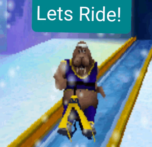 a walrus is riding a sled with a sign that says let 's ride behind him