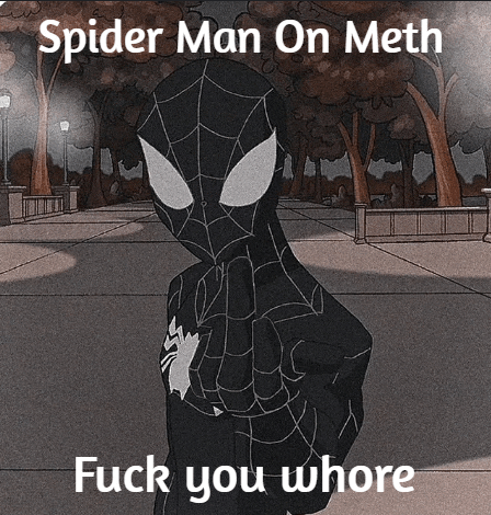 a cartoon of a spider man on meth with the caption " fuck you whore "