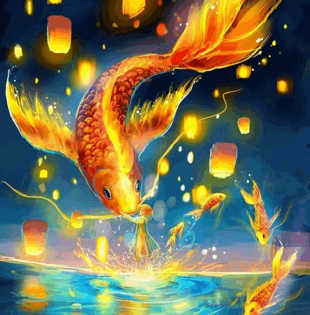 a painting of a fish with lanterns floating in the water