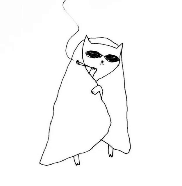 a black and white drawing of a cat wrapped in a blanket with sunglasses and smoking a cigarette .