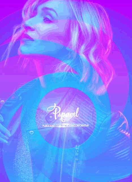 a woman 's face is surrounded by a blue and pink circle that says papavel