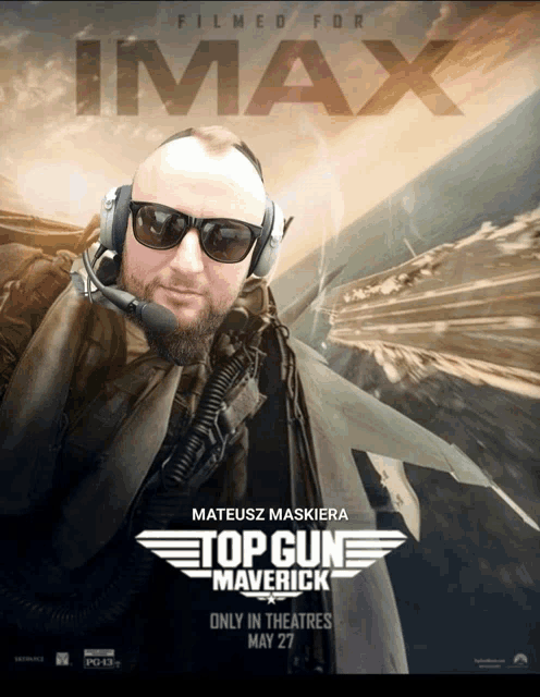 a poster for top gun maverick shows a man wearing headphones and sunglasses