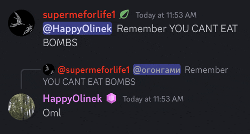 a screenshot of a discord conversation between supermeforlife1 and happyolinek