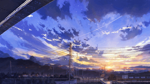 a painting of a sunset over a city with a lot of power lines