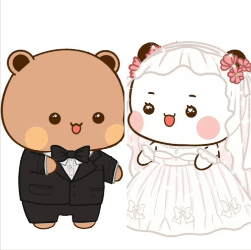 a cartoon bear in a tuxedo and a bride in a wedding dress