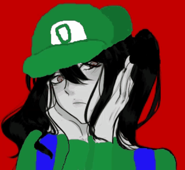 a drawing of a person wearing a green hat with a white letter o on it