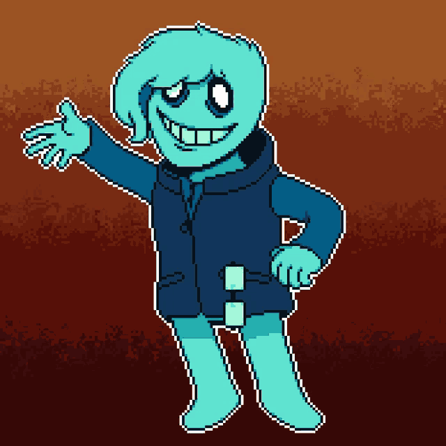 a pixel art drawing of a person with a blue jacket