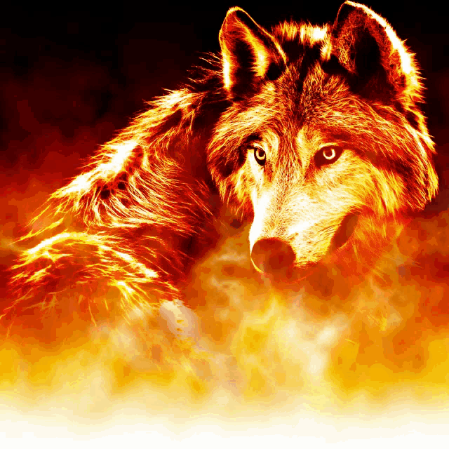 a close up of a wolf 's face with flames behind it