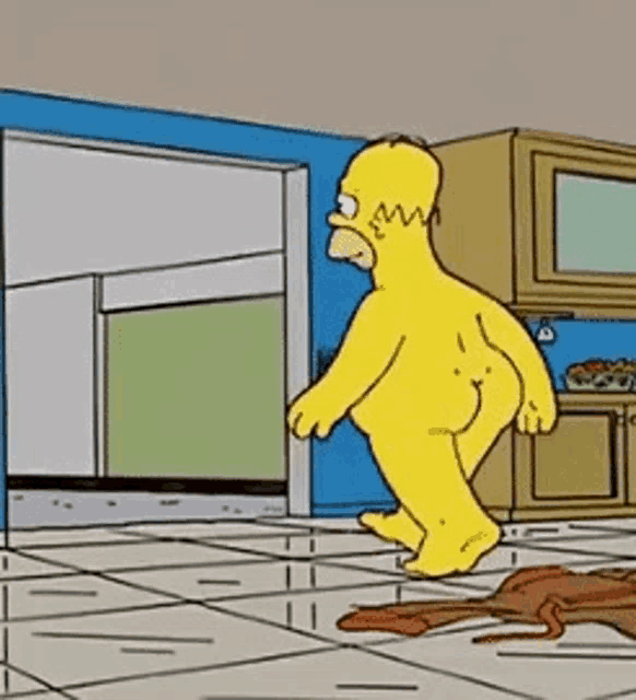 a naked homer simpson is standing in a kitchen