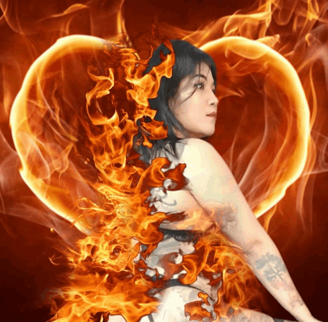 a woman with a tattoo on her arm is surrounded by flames in the shape of a heart