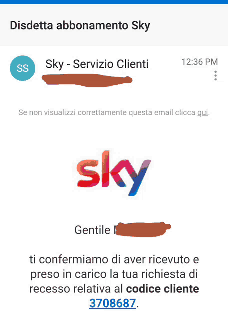 a screen shot of a sky app that says disdetta abbonamento sky at the top