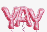 a bunch of pink balloons in the shape of the word yay