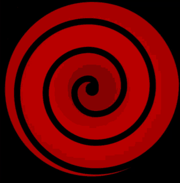 a red swirl with a black center on a black background