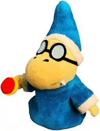 a stuffed animal wearing glasses and a blue hat is holding a red object .