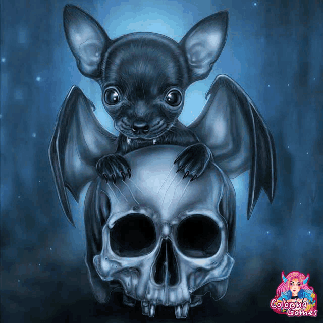 a chihuahua with bat wings is sitting on a skull with the coloring games logo in the corner