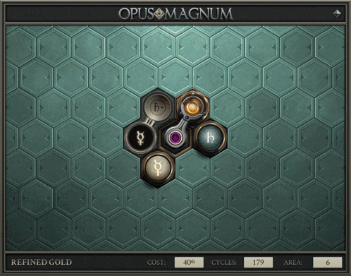 a screenshot of opus magnum shows a grid of hexagonal shapes