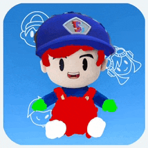 a stuffed toy with red hair and a blue hat has the letter s on it