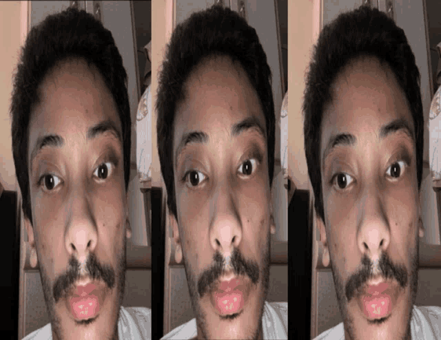 a man with a mustache has three different facial expressions on his face