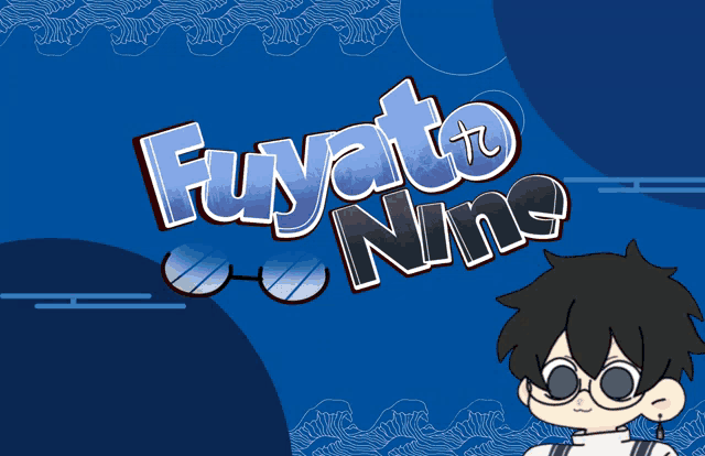 a boy wearing glasses is standing in front of a blue background that says futato nine