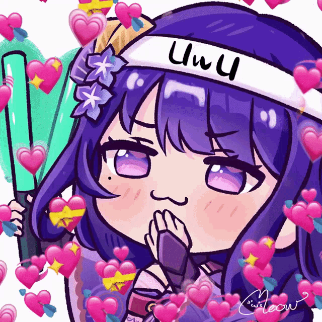 a drawing of a girl with a headband that says uwu on it