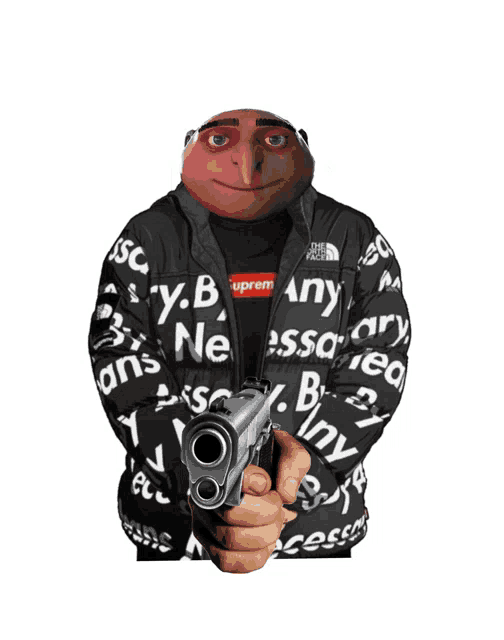 a despicable me character is holding a gun in a supreme jacket