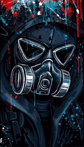 a colorful drawing of a person wearing a gas mask