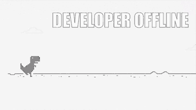 a pixelated dinosaur is running across a field with the words developer offline below it .