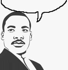 a black and white drawing of martin luther king jr. with a speech bubble above him .